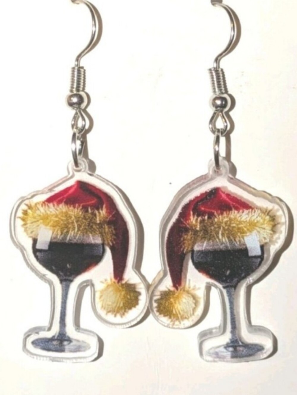 Festive Wine Glass Santa Hat Dangle Earrings